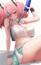 Rule 34 | 1girl, absurdres, arm support, ass, azur lane, bare shoulders, blush, bottle, breasts, bremerton (azur lane), bremerton (scorching-hot training) (azur lane), cleavage, commentary, crop top, crop top overhang, green skirt, grey hair, hair between eyes, hair intakes, hair ornament, hairclip, hand up, heart, heart necklace, highres, holding, holding bottle, jewelry, kunizaki, large breasts, long hair, looking at viewer, mole, mole under eye, multicolored hair, navel, necklace, official alternate costume, parted lips, pink eyes, pink hair, pleated skirt, pouring, pouring onto self, shadow, shirt, sidelocks, simple background, sitting, skirt, sleeveless, sleeveless shirt, solo, sportswear, streaked hair, sweat, tennis uniform, twintails, two-tone hair, two-tone shirt, two-tone skirt, water bottle, wet, wet clothes, wet shirt, white background, white shirt, white skirt, x hair ornament