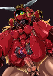 Rule 34 | 1girl, 2boys, anal, android, character request, colored sclera, double penetration, green eyes, gundam, gundam build fighters, gundam build fighters try, highres, multiple boys, penis, pochincoff, sex, tagme, testicles, vaginal, yellow sclera