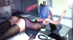 Rule 34 | 1girl, ass, bili girl 22, bilibili, black panties, blue hair, cable, chemise, electrical outlet, electrical outlet, holographic interface, logo, panties, unworn panties, red eyes, see-through, short hair, solo, strap slip, thighhighs, underwear, wangchuan de quanyan