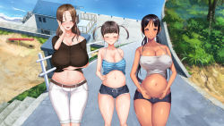 Rule 34 | 3girls, aomizuan, bare shoulders, black hair, blush, breasts, brown hair, cleavage, closed eyes, closed mouth, covered erect nipples, embarrassed, female focus, grass, groin, hand on own face, hands on own stomach, highres, house, huge breasts, koumi-jima: shuu 7 de umeru mesu-tachi, large breasts, legs, long hair, looking at viewer, mother and daughter, multiple girls, navel, ocean, original, outdoors, pants, park, parted lips, pink eyes, pregnant, sand, seesaw, short shorts, shorts, siblings, sisters, smile, stairs, standing, swept bangs, tan, thigh gap, thighs, twintails, water, white pants