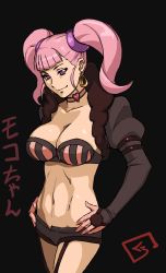 Rule 34 | 10s, 1girl, breasts, captain earth, choker, cleavage, earrings, garter straps, hands on own hips, jewelry, kuroi ani, large breasts, long hair, looking at viewer, moco (captain earth), pink eyes, pink hair, shorts, smile, solo, twintails