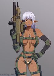 Rule 34 | 1girl, absurdres, assault rifle, bikini, bikini bottom only, breasts, brown eyes, cleavage, collaboration, collarbone, colorized, commentary, commission, contrapposto, dark-skinned female, dark elf, dark skin, detached sleeves, elbow pads, elf, english commentary, female focus, g-string, gate - jieitai ka no chi nite kaku tatakaeri, gloves, green gloves, grenade launcher, gun, h&amp;k ag36, h&amp;k xm8, hand on own hip, harness, highres, holster, large breasts, lips, lipstick, long hair, makeup, military, military operator, modular weapon system, norman maggot, pointy ears, purple lips, revealing clothes, rifle, silver hair, simple background, solo, swimsuit, thigh holster, thong, transforming weapon, trigger discipline, under-barrel configuration, underbarrel grenade launcher, waru-geli, weapon, weapon request, yao haa dushi, yellow eyes
