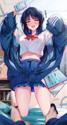 Rule 34 | 1girl, artist name, black hair, blue jacket, blue pants, blue skirt, blush, bow, bowtie, cellphone, commentary request, highres, hirai yuzuki, holding, holding phone, indoors, jacket, kneeling, long hair, looking at viewer, midriff, navel, on bed, open clothes, open jacket, open mouth, original, pants, phone, pleated skirt, pov, red bow, red bowtie, red eyes, school uniform, shirt, short sleeves, signature, skirt, smartphone, solo focus, translation request, white shirt