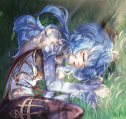 Rule 34 | 1girl, bare shoulders, blue hair, bodysuit, closed eyes, curled up, detached sleeves, from above, ganyu (genshin impact), genshin impact, goat horns, grass, highres, horns, long hair, lying, on grass, on side, pantyhose, parted lips, purple eyes, sleeping, solo, thighs, vankusman