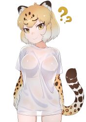 Rule 34 | &gt;:), 1girl, ?, ??, absurdres, animal ears, animal print, arms at sides, blonde hair, bottomless, breasts, brown hair, closed mouth, collarbone, colored inner hair, commentary request, covered erect nipples, cowboy shot, elbow gloves, extra ears, female pubic hair, gloves, grey hair, highres, jaguar (kemono friends), jaguar ears, jaguar girl, jaguar print, jaguar tail, kemono friends, looking at viewer, masuyama ryou, medium breasts, medium hair, multicolored hair, naked shirt, no bra, parted bangs, print gloves, pubic hair, see-through, see-through shirt, see-through silhouette, shirt, simple background, smile, solo, tail, v-shaped eyebrows, white background, white shirt, yellow eyes