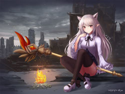 Rule 34 | 1girl, animal ears, artist name, black thighhighs, building, campfire, cityscape, commission, crossed ankles, dew (7302235), extra ears, fire, frilled sleeves, frills, grey sky, hand up, long hair, long sleeves, original, outdoors, pointy ears, red eyes, ruins, sitting, sky, skyscraper, smile, staff, thighhighs, very long hair, white footwear, white hair, wide sleeves