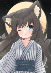 Rule 34 | 1girl, animal ears, bad id, bad pixiv id, black hair, blue eyes, blush, braid, cat ears, cat tail, commentary request, full moon, highres, japanese clothes, kimono, long hair, looking at viewer, minato yu (0514), moon, obi, one eye closed, original, parted lips, sash, single braid, solo, striped clothes, striped kimono, tail, tail raised, upper body, vertical-striped clothes, vertical-striped kimono, very long hair