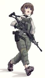 Rule 34 | 1girl, alma01, assault rifle, brown hair, commentary request, english text, fang, full body, gloves, green pants, gun, hair bun, handgun, holding, holding weapon, holstered, hood, hood down, hoodie, howa type 89, load bearing vest, long sleeves, magazine (weapon), open mouth, original, pants, pistol, police, purple eyes, rifle, shadow, shoes, short hair, signature, simple background, single hair bun, solo, trigger discipline, under armour, walking, weapon, white background, white hoodie