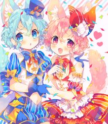 Rule 34 | 1boy, 1girl, :d, :o, animal ears, bad id, bad pixiv id, beret, blue eyes, blue gloves, blue hair, blue nails, blush, bow, bowtie, braid, brother and sister, chromatic aberration, confetti, crossdressing, curly hair, detached sleeves, dorothy west, dress, frills, gloves, hand on another&#039;s shoulder, hat, heart, hetero, highres, holding hands, kemonomimi mode, layered dress, reona west, looking at viewer, mini hat, mini top hat, mole, mole under eye, nail polish, navel, nekoto rina, open mouth, pink eyes, pink hair, pretty series, pripara, puffy detached sleeves, puffy short sleeves, puffy shorts, puffy sleeves, short hair, short sleeves, shorts, siblings, smile, sparkle, star (symbol), striped, tail, top hat, trap, twins, vertical stripes