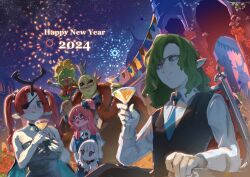 Rule 34 | 2024, 3boys, 3girls, antlers, architecture, banner, blending, blue dress, blue eyes, character request, cocktail glass, cup, dress, drinking glass, dutch angle, eyepatch, fireworks, formal, green eyes, green hair, hair over one eye, hairband, happy new year, highres, holding, holding cup, horns, multiple boys, multiple girls, new year, okame nin, original, outdoors, pale skin, pink hair, pointy ears, red hair, single antler, sitting, spiked hairband, spikes, standing, suit, twintails, white hair, wide shot