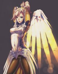 Rule 34 | 10s, 1girl, 2016, arms behind head, arms up, artist name, backlighting, blonde hair, blue eyes, bodysuit, breasts, covered erect nipples, covered navel, cowboy shot, dated, glowing, glowing wings, grey background, halo, high ponytail, highres, joshua schmidt, lips, long hair, looking at viewer, mechanical halo, mechanical wings, medium breasts, mercy (overwatch), overwatch, overwatch 1, pantyhose, ponytail, signature, simple background, solo, wings, yellow wings