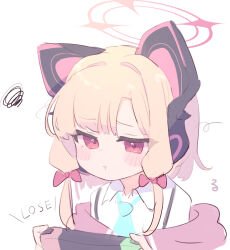 Rule 34 | 1girl, animal ear headphones, animal ears, blonde hair, blue archive, closed mouth, fake animal ears, handheld game console, headphones, highres, holding, holding handheld game console, looking ahead, momoi (blue archive), pout, red eyes, ruten (onakasukusuku), shirt, simple background, solo, squiggle, upper body, white background, white shirt