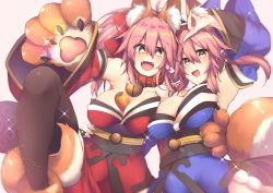 Rule 34 | 2girls, animal ears, animal hands, bad id, bad pixiv id, bare shoulders, bell, between breasts, black legwear, blush, breasts, carrot, cat paws, cleavage, collar, collarbone, commentary request, detached sleeves, dual persona, fangs, fate/grand order, fate (series), food, fox ears, fox shadow puppet, fox tail, gloves, hair ribbon, japanese clothes, jingle bell, kaenuco, large breasts, long hair, looking at viewer, multiple girls, neck bell, open mouth, paw gloves, paw shoes, pink hair, ponytail, ribbon, shoes, tail, tamamo (fate), tamamo cat (fate), tamamo cat (first ascension) (fate), tamamo no mae (fate/extra), thighhighs, vegetable, yellow eyes