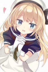 Rule 34 | 1girl, black neckerchief, blonde hair, blue eyes, blue sailor collar, cowboy shot, dress, fathom, gloves, hat, heart, highres, jervis (kancolle), kantai collection, long hair, looking at viewer, neckerchief, own hands clasped, own hands together, sailor collar, sailor dress, sailor hat, short sleeves, smile, solo, white background, white dress, white gloves, white hat