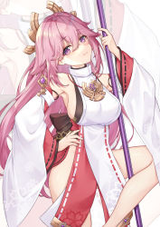 Rule 34 | 1girl, :3, absurdres, animal ears, armpits, bare shoulders, breasts, brooch, closed mouth, detached sleeves, earrings, floppy ears, fox ears, genshin impact, hair ornament, highres, holding, japanese clothes, jewelry, knee up, kuroida, large breasts, long hair, long sleeves, looking at viewer, miko, necklace, pink hair, polearm, purple eyes, sideboob, smile, solo, thighs, very long hair, weapon, wide sleeves, yae miko