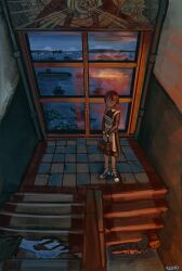 Rule 34 | absurdres, apron, bag, brown hair, cloud, converse shoes, flood, hair ornament, hairclip, highres, holding, holding bag, indoors, iwakura lain, looking at viewer, maid, maid apron, night, night sky, rlsvd, russia, serial experiments lain, shoes, short hair, sky, sneakers, soviet school uniform, stairs, tagme, window, x hair ornament
