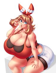 Rule 34 | 1girl, ass, bandana, bare arms, bare shoulders, bike shorts, bike shorts under shorts, blue eyes, blush, breasts, brown hair, cleavage, creatures (company), curvy, dotil, game freak, gigantic breasts, highres, huge ass, looking at viewer, may (pokemon), may (pokemon oras), nintendo, open fly, open mouth, pokemon, pokemon oras, shorts, sidelocks, simple background, sitting, solo, teeth, thick thighs, thighs, upper teeth only, white background