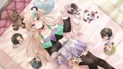 Rule 34 | 1girl, animal ears, bare shoulders, bed, black jacket, black thighhighs, breasts, brown hair, camisole, character doll, cleavage, closed mouth, commission, feet out of frame, frilled skirt, frills, garter straps, green eyes, heart, heart-shaped pillow, heterochromia, jacket, long hair, long sleeves, looking at viewer, lying, medium breasts, off-shoulder jacket, off shoulder, on back, on bed, original, pillow, pleated skirt, purple camisole, purple eyes, purple skirt, saiko (saisaka), skeb commission, skirt, smile, solo, stuffed animal, stuffed toy, teddy bear, thank you, thighhighs, very long hair, white skirt