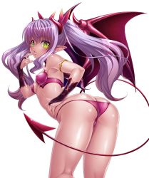Rule 34 | 00s, 1girl, ass, back, bare legs, bare shoulders, bat wings, bikini, breasts, bridal gauntlets, butt crack, demon girl, fangs, female focus, finger to mouth, highres, horns, huge ass, kagami hirotaka, legs, lilim (taimanin asagi battle arena), lilith-soft, lips, long hair, looking at viewer, looking back, night, partially visible vulva, shiny skin, simple background, sky, small breasts, solo, swimsuit, tail, taimanin (series), taimanin asagi, taimanin asagi kessen arena, thong, twintails, underwear, white background, wings, yellow eyes