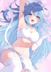 Rule 34 | 1girl, ahoge, animal ears, arm up, armpits, artist request, bare arms, bare shoulders, blue eyes, blue hair, breasts, cat ears, cat girl, cat tail, choker, cleavage, crop top, floating hair, garter straps, gloves, hand up, highres, indie virtual youtuber, kanase ito, large breasts, long hair, looking at viewer, midriff, miniskirt, navel, open mouth, second-party source, shirt, skirt, sleeveless, sleeveless shirt, smile, solo, stomach, tail, thighhighs, thighs, tongue, tongue out, very long hair, virtual youtuber, white choker, white gloves, white shirt, white skirt, white thighhighs