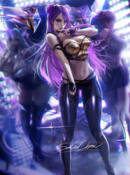 Rule 34 | 1girl, artist name, braid, breasts, bustier, double bun, gold trim, highres, idol, k/da (league of legends), k/da kai&#039;sa, kai&#039;sa, large breasts, league of legends, lipstick, long hair, looking at viewer, makeup, nail polish, navel, pants, purple eyes, purple hair, purple lips, sakimichan, signature, skindentation, solo, tight clothes, tight pants, twin braids
