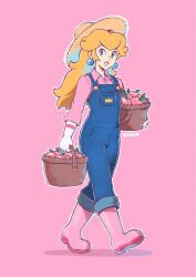 Rule 34 | 1girl, artist name, basket, blonde hair, blue eyes, blue overalls, blue pants, boots, brown hat, buttons, collared shirt, commentary, commentary request, denim, earrings, english commentary, eyelashes, food, fruit, full body, gloves, hair between eyes, hat, highres, holding, holding basket, jewelry, lips, long hair, long sleeves, looking at viewer, mario (series), nintendo, official alternate costume, outline, overalls, pants, parted lips, peach, pink background, pink footwear, pink lips, pink shirt, princess peach, rubber boots, saiwo (saiwoproject), shirt, sidelocks, simple background, smile, solo, sphere earrings, straw hat, super mario odyssey, walking, white gloves, white outline, wing collar