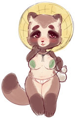 Rule 34 | 1girl, artist request, breasts, eyebrows, female focus, full body, furry, furry female, hat, open mouth, panties, plant, raccoon, red eyes, solo, tanuki, underwear, white background