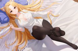 Rule 34 | 1girl, absurdres, animal ears, bed, blonde hair, feet, highres, light blush, long hair, looking at viewer, lying, on back, pantyhose, parted lips, shenqi (toid310), soles, toes, wings, yellow eyes