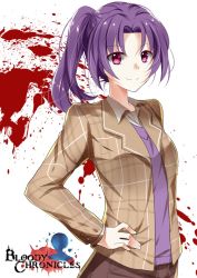 Rule 34 | 1girl, blood, blood splatter, bloody chronicles, copyright name, hand on own hip, logo, looking at viewer, official art, pink eyes, ponytail, purple hair, smile, solo, suzumi misao