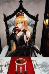 Rule 34 | 1girl, anizi, black dress, black gloves, black sash, black shawl, blonde hair, breasts, candle, candlestand, cleavage, closed mouth, cocktail dress, commentary request, copyright request, cover, cover page, crossed bangs, crown, cup, double-parted bangs, dress, drink, drinking glass, eating, elbow gloves, food, gloves, grey eyes, highres, holding, holding cup, indoors, long hair, looking at viewer, medium breasts, novel cover, novel illustration, official art, plunging neckline, pov across table, sash, see-through, see-through cleavage, shawl, shirt, sitting, sleeveless, sleeveless dress, solo, steak, striped clothes, striped shirt, throne, vertical-striped clothes, vertical-striped shirt, very long hair, wine glass