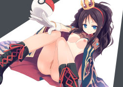 Rule 34 | 10s, 1girl, blue eyes, breasts, brown hair, creatures (company), crown, game freak, hairband, highres, hilda (pokemon), homura subaru, long hair, looking at viewer, nintendo, nipples, no bra, nude, open clothes, poke ball, pokemon, pokemon bw, pussy, sitting, smile, solo, third-party edit, uncensored