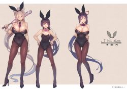 Rule 34 | 3girls, absurdly long hair, absurdres, animal ears, arms behind back, bare shoulders, baseball bat, between breasts, black hair, breasts, cleavage, detached collar, fake animal ears, full body, hair ornament, hairclip, hands on own hips, high heels, highres, higuchi kaede, holding, huge filesize, kagami uekusa, large breasts, leotard, long hair, mole, mole under eye, multiple girls, necktie, nijisanji, pantyhose, playboy bunny, ponytail, purple eyes, rabbit ears, shiny skin, shizuka rin, silver hair, simple background, small breasts, standing, strapless, strapless leotard, tsukino mito, very long hair, virtual youtuber, wrist cuffs