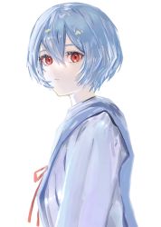 Rule 34 | 1girl, ayanami rei, blue hair, blue skirt, closed mouth, commentary, expressionless, from side, gawako, highres, long sleeves, looking at viewer, neck ribbon, neon genesis evangelion, red eyes, red ribbon, ribbon, school uniform, shirt, short hair, simple background, skirt, solo, suspender skirt, suspenders, tokyo-3 middle school uniform, upper body, white background, white shirt