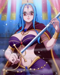 Rule 34 | 1girl, absurdres, ass, blue hair, breasts, bug, cape, crown, dress, female focus, highres, im (one piece), jewelry, large breasts, long dress, long hair, looking at viewer, nefertari d. lily, one piece, pale skin, rakara11 (rakkarts), red eyes, solo, sword, talking, thick thighs, thighs, very long dress, weapon