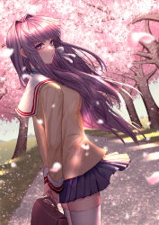 Rule 34 | 1girl, absurdres, arms behind back, bag, blue skirt, blurry, breasts, brown bag, cherry blossoms, clannad, closed mouth, commentary, cowboy shot, dappled sunlight, day, depth of field, dutch angle, eyelashes, falling petals, floating clothes, floating hair, from side, fujibayashi kyou, grass, guru0 0maru, hair between eyes, hair intakes, hair ribbon, highres, hikarizaka private high school uniform, holding, holding bag, jacket, lips, long hair, long sleeves, looking at viewer, medium breasts, miniskirt, nose, outdoors, petals, pleated skirt, purple eyes, purple hair, ribbon, road, sailor collar, school bag, school uniform, serafuku, sidelocks, signature, skirt, solo, spring (season), standing, sunlight, thighhighs, tree, twitter username, v arms, very long hair, white ribbon, white sailor collar, white thighhighs, yellow jacket, zettai ryouiki