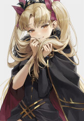 Rule 34 | 1girl, absurdres, black dress, blonde hair, blush, breasts, cape, cotta (heleif), detached collar, dress, earrings, ereshkigal (fate), fate/grand order, fate (series), gold trim, grin, hair ribbon, highres, holding, holding own hair, hood, hooded cape, hoop earrings, jewelry, long hair, looking at viewer, medium breasts, orange eyes, parted bangs, ribbon, short dress, single sleeve, smile, solo, spine, tiara, two side up