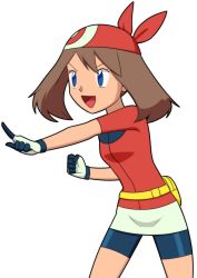 Rule 34 | 1girl, bandana, bike shorts, blue eyes, blue legwear, blue shorts, breasts, brown hair, creatures (company), game freak, gloves, highres, jacket, long hair, may (pokemon), nintendo, open mouth, pokemon, pokemon rse, red bandana, red jacket, shiny clothes, short shorts, short sleeves, shorts, shorts under skirt, skin tight, skirt, small breasts, solo, standing, swept bangs, white gloves, white skirt