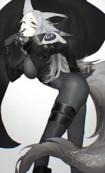 Rule 34 | 1girl, absurdres, animal ears, black bodysuit, black gloves, bodysuit, breasts, dyarikku (vtuber), facial mark, fang, finger to mouth, fox ears, fox girl, from side, gloves, grey hair, high collar, highres, indie virtual youtuber, jacket, large breasts, leaning forward, long hair, looking at viewer, monochrome, open clothes, open jacket, rot illust, second-party source, skin fang, skin tight, virtual youtuber