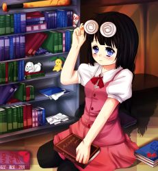 Rule 34 | 1girl, april4luck, baseball bat, baseball cap, black hair, blood, blue eyes, blush, book, bookshelf, braid, buttons, cameo, collared shirt, copyright name, eyewear on head, hat, highres, holding, library (misao), long hair, looking at viewer, mad father, misao, nervous, pantyhose, pink skirt, red ribbon, ribbon, school uniform, seiza, shirt, single braid, sitting, skirt, solo, stuffed toy, thighhighs, wavy mouth