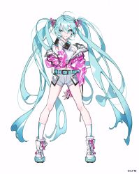 Rule 34 | 1girl, alternate costume, alternate hair ornament, arm behind back, bag, bare legs, belt, blue eyes, blue hair, blue nails, closed eyes, commentary request, crop top, fingernails, floating hair, full body, grey shorts, hair between eyes, hand up, handbag, hatsune miku, highres, holding, holding bag, holding handbag, jacket, legs apart, light smile, long hair, looking at viewer, midriff, nail polish, navel, open clothes, open jacket, partially unzipped, pink jacket, shiny clothes, shoes, short shorts, shorts, sidelocks, simple background, sneakers, socks, solo, standing, striped clothes, striped socks, tattoo, twintails, unzipped, very long hair, vocaloid, white background, white footwear, white socks, yoneyama mai