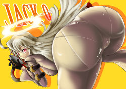 Rule 34 | 1girl, all fours, arc system works, ass, bodysuit, breasts, from behind, gloves, guilty gear, guilty gear xrd, guilty gear xrd: revelator, halo, huge ass, jack-o&#039; valentine, long hair, looking at viewer, mask, unworn mask, multicolored hair, pantylines, red eyes, red hair, shiny clothes, skin tight, smile, solo, two-tone hair, white hair, yappy