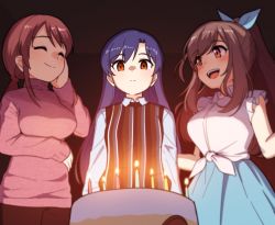 Rule 34 | 3girls, :&lt;, ^ ^, birthday, birthday cake, blue hair, blush, bow, breast envy, breasts, brown eyes, brown hair, cake, candle, closed eyes, collared shirt, flat chest, food, frilled shirt, frills, hair bow, hair tie, highres, idolmaster, idolmaster (classic), idolmaster cinderella girls, idolmaster shiny colors, kisaragi chihaya, large breasts, long hair, long skirt, looking at another, looking at object, mifune miyu, multiple girls, pants, ponytail, red hair, shirt, skirt, sleeveless, sleeveless shirt, smile, sweater, sweater vest, takiki, tied shirt, trait connection, tsukioka kogane, turtleneck, turtleneck sweater, twintails