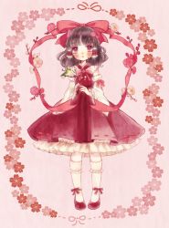 Rule 34 | 1girl, adapted costume, alternate costume, ankle ribbon, bad id, bad pixiv id, bird, branch, brown hair, cherry blossoms, detached sleeves, flower, hair ribbon, hair tubes, hakurei reimu, kneehighs, leg ribbon, looking at viewer, mary janes, pink background, pink theme, red eyes, ribbon, shoes, short hair, socks, solo, touhou, yujup