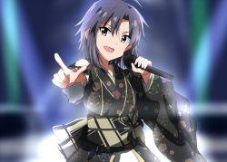 Rule 34 | 1girl, :d, antenna hair, asymmetrical sleeves, black kimono, blurry, blurry background, clothing cutout, dars (recolors), floral print, grey eyes, grey hair, hair between eyes, head tilt, holding, holding microphone, idol, idolmaster, idolmaster (classic), index finger raised, japanese clothes, kikuchi makoto, kimono, looking at viewer, microphone, obi, open mouth, outstretched arm, print kimono, sash, short hair, shoulder cutout, smile, solo, stage, standing, uneven sleeves, upper body