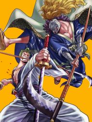 Rule 34 | bandaged arm, bandages, blonde hair, cape, earrings, fighting, fighting stance, green hair, holding, japanese clothes, jewelry, katana, killer (one piece), kimono, living (pixiv5031111), long hair, male focus, mask, multiple boys, one piece, open mouth, roronoa zoro, scar, scythe, simple background, smile, spoilers, sword, very long hair, weapon, wide sleeves, yellow background