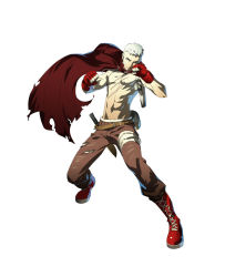Rule 34 | 1boy, atlus, bandaid, cape, evoker, fighting stance, fingerless gloves, gloves, grey eyes, highres, holster, jpeg artifacts, knife, male focus, official art, persona, persona 3, persona 4: the ultimate in mayonaka arena, sanada akihiko, scar, topless male, short hair, soejima shigenori, solo, white hair
