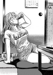 Rule 34 | 1girl, alcohol, arm support, beer, beer can, blonde hair, blush, breasts, calendar (object), can, closed eyes, collarbone, door, drink can, drinking, greyscale, highres, koyubi (littlefinger1988), large breasts, leaning back, long hair, monochrome, on floor, shirt, shorts, sitting, solo, squeans, t-shirt, thighhighs, touhou, very long hair, yakumo yukari