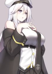 Rule 34 | 1girl, absurdres, azur lane, blush, breasts, coat, collared shirt, cowboy shot, enterprise (azur lane), grey background, hair between eyes, hands on own chest, hat, highres, large breasts, long hair, military hat, necktie, off shoulder, open mouth, own hands together, purple eyes, shirt, silver hair, simple background, skirt, sleeveless, solo, white hat, yamanokami eaka