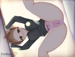 Rule 34 | 1girl, arms up, aties20, black jacket, blush, breasts, brown hair, cameltoe, cleft of venus, closed mouth, commentary request, forehead, formal, from below, green eyes, jacket, large breasts, long sleeves, looking at viewer, looking down, no pants, nose blush, original, panties, pink panties, shirt, solo, spread legs, suit, underwear, white shirt