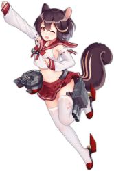 Rule 34 | 1girl, ;d, allenes, anchor, animal ears, arm up, armpits, azur lane, blush, bow, bowtie, breasts, brown hair, crop top, detached sleeves, eyebrows, facing away, fang, full body, hair between eyes, leg up, light brown hair, long sleeves, machinery, medium breasts, miniskirt, multicolored hair, navel, official art, one eye closed, open mouth, orange eyes, pleated skirt, red bow, red bowtie, red footwear, red ribbon, red sailor collar, red skirt, ribbon, ribbon-trimmed clothes, ribbon-trimmed sleeves, ribbon trim, rudder footwear, sailor collar, school uniform, serafuku, shirt, short hair, skirt, sleeveless, sleeveless shirt, sleeves past wrists, slippers, smile, solo, squirrel ears, squirrel tail, stomach, streaked hair, tail, thighhighs, torpedo, torpedo tubes, transparent background, turret, two-tone hair, wakaba (azur lane), white shirt, white thighhighs, zettai ryouiki